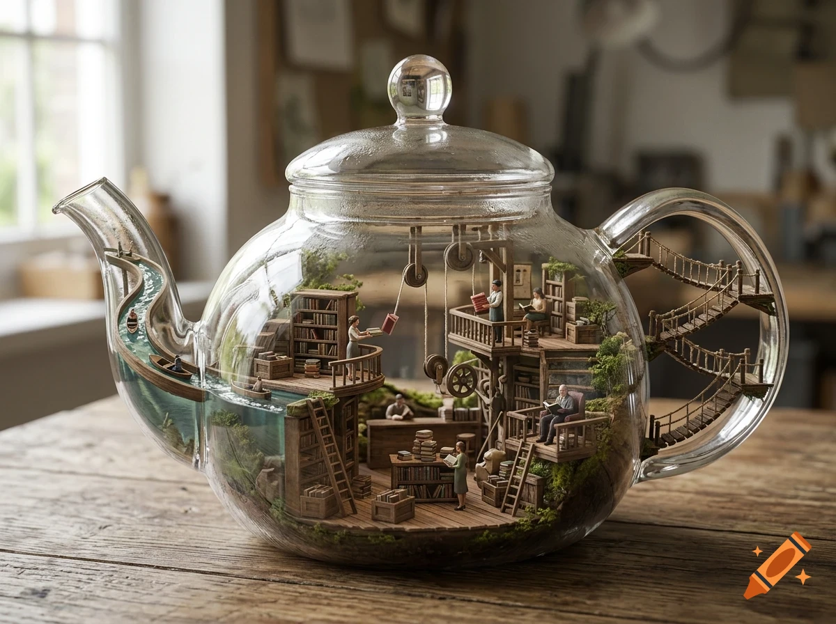 A clear glass teapot sits on a wooden table, containing a miniature library world with tiny wooden structures, bookshelves, rope bridges, and small people reading.