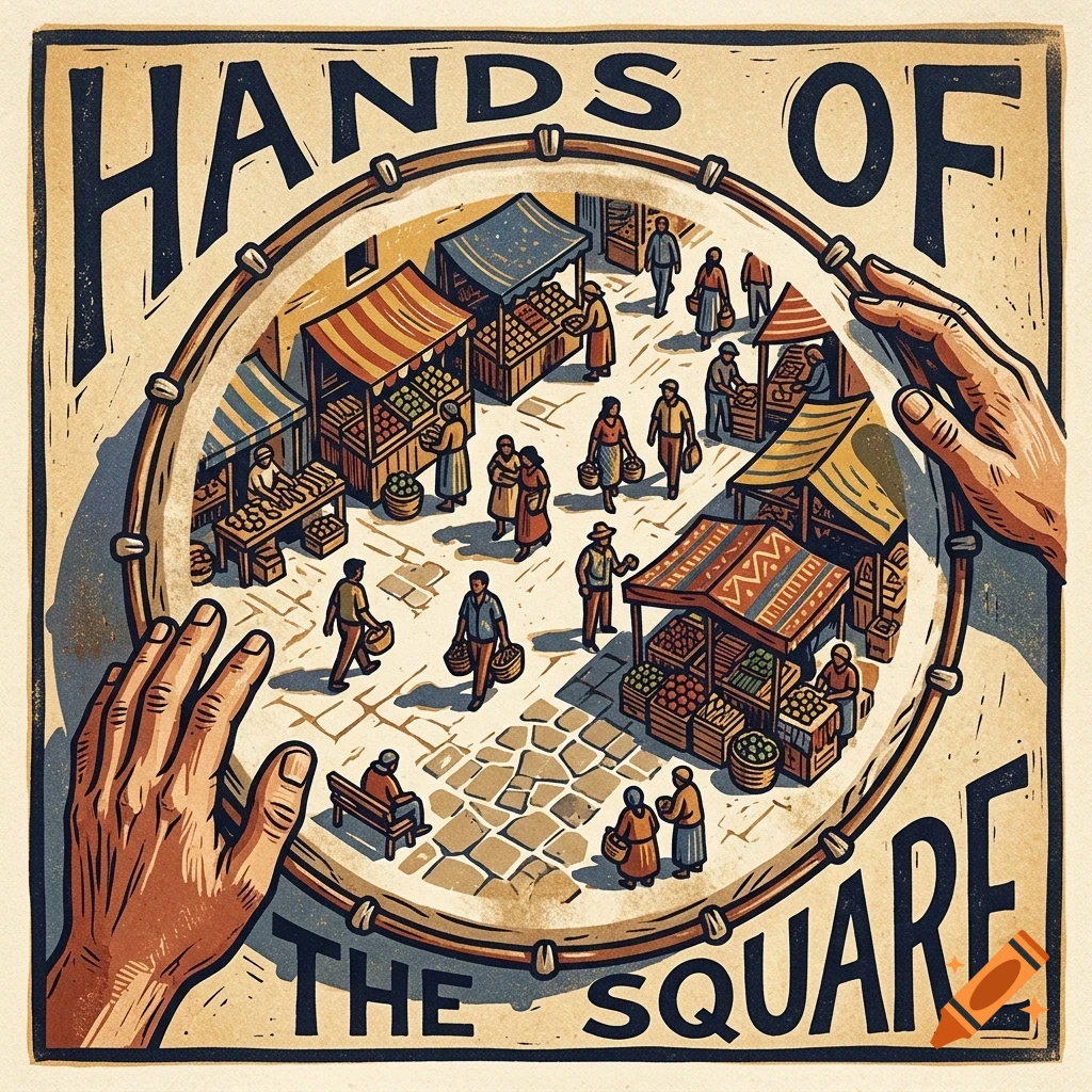 An illustrated book cover titled 'HANDS OF THE SQUARE' showing hands manipulating a circular frame over a bustling market square filled with people and stalls.