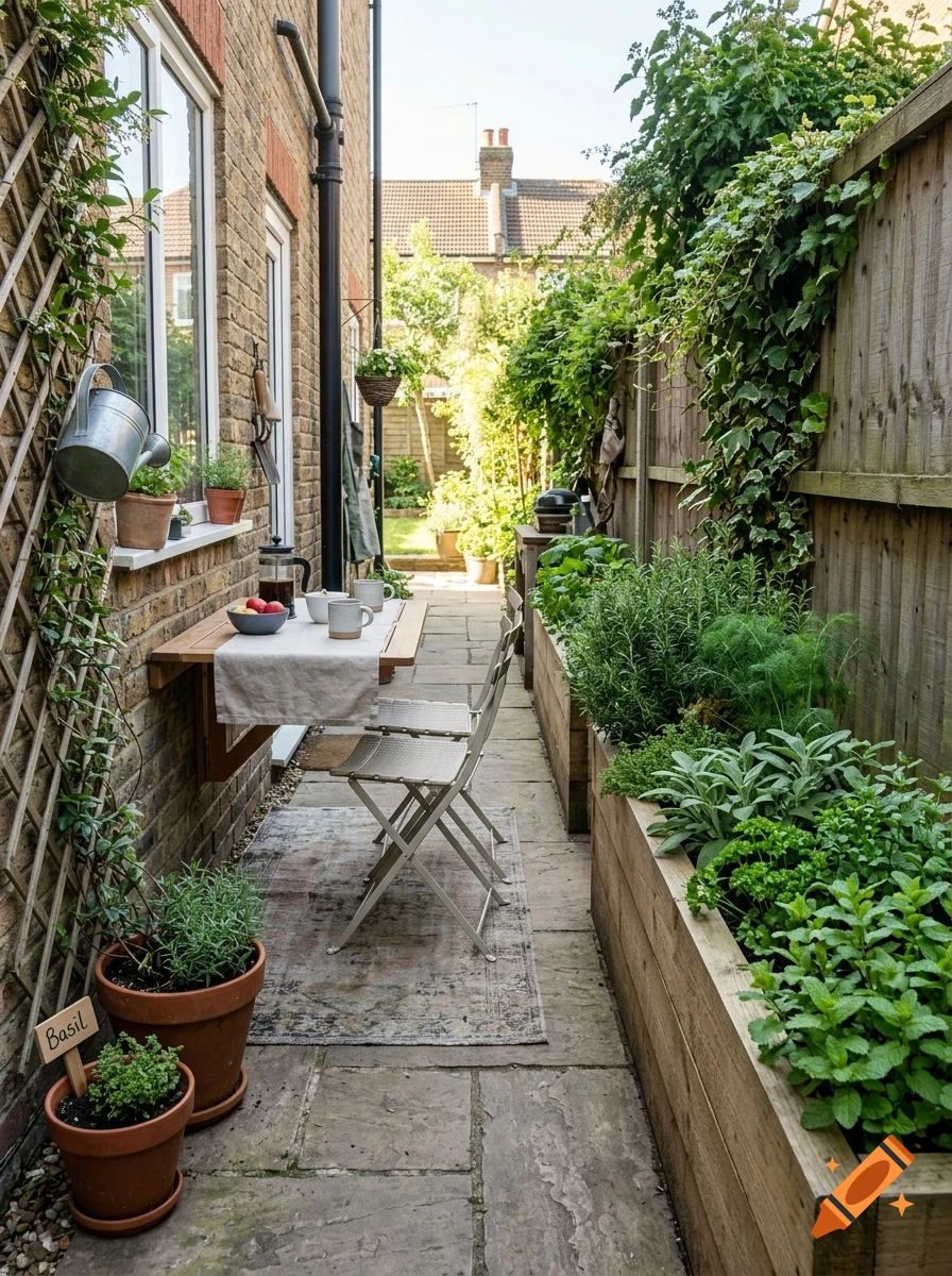 A narrow brick courtyard with a small wooden table, chairs, and raised garden beds filled with lush green plants.