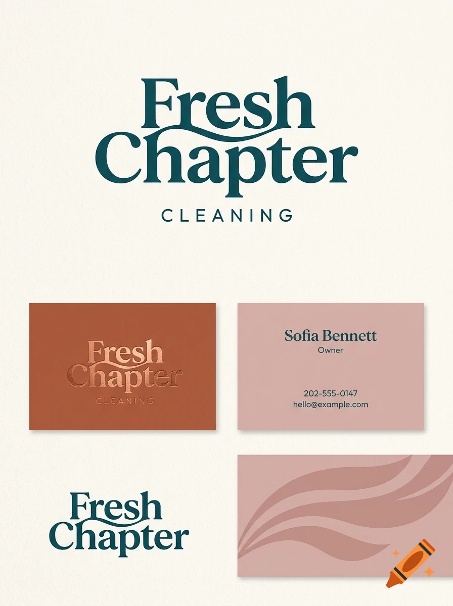 Branding mockup displaying the text Fresh Chapter Cleaning alongside business cards with names and contact details.