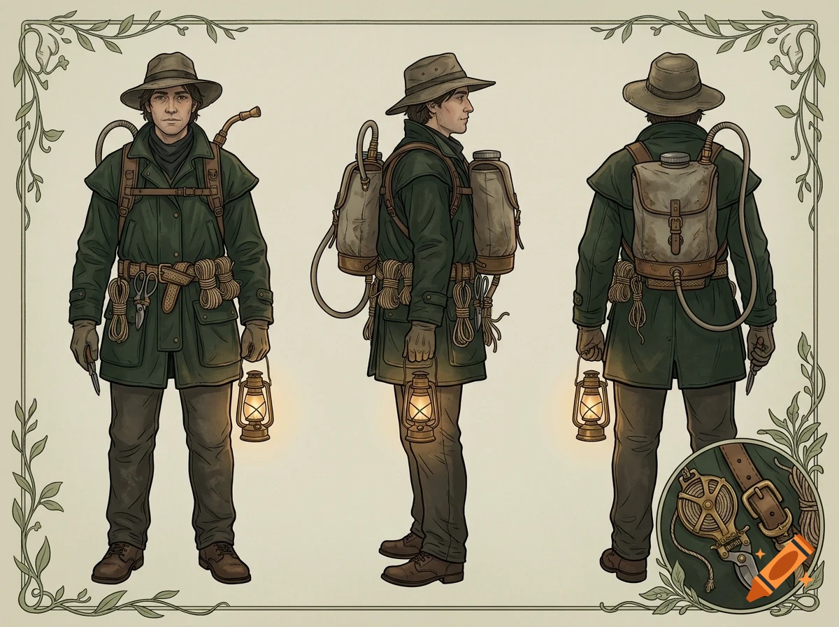 Character design sheet showing a man in a green coat, hat, and backpack with a lantern in three views, front, side, and back.