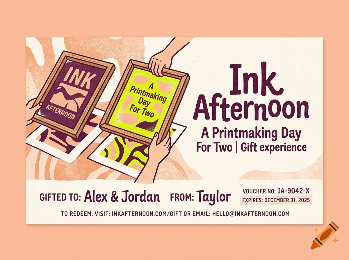 An illustration of a printmaking gift voucher showing hands holding screen printing frames and the text Ink Afternoon A Printmaking Day For Two.