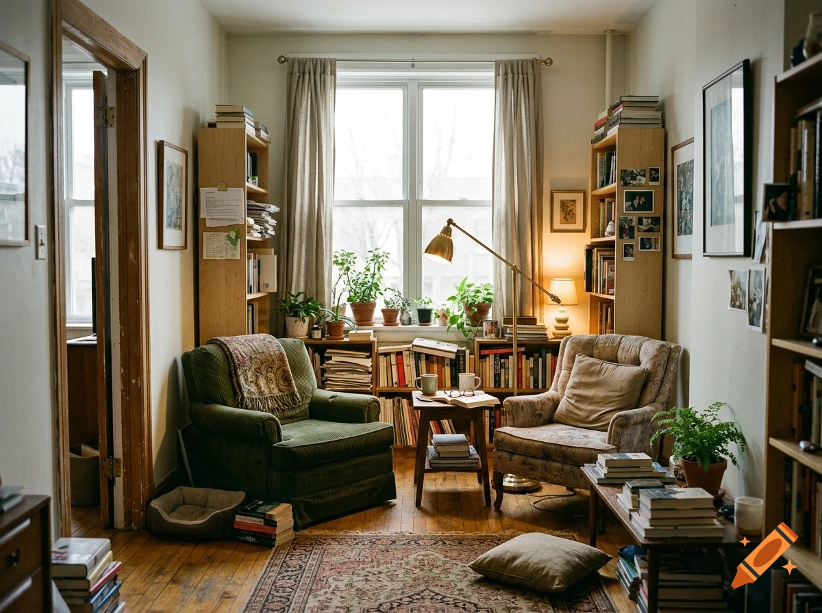 A cozy, book-filled living room with a green armchair, a patterned armchair, bookshelves, and plants near a window.