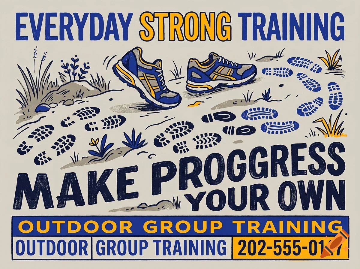 An illustration showing running shoes and footprints on a path with text that reads Everyday Strong Training and Make Progress Your Own.