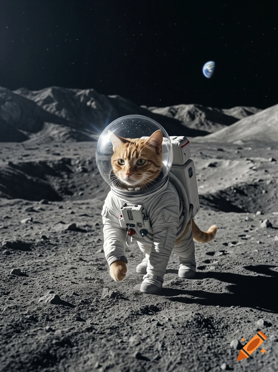 Photorealistic image of an orange tabby cat wearing a space suit, walking on the moon's surface.
