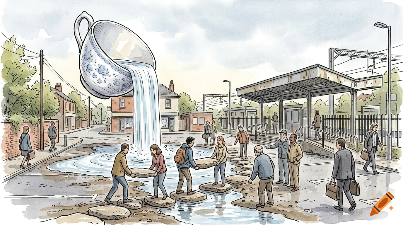 An ink and watercolor illustration of a giant floating teacup pouring water onto a street where people use stepping stones to cross.