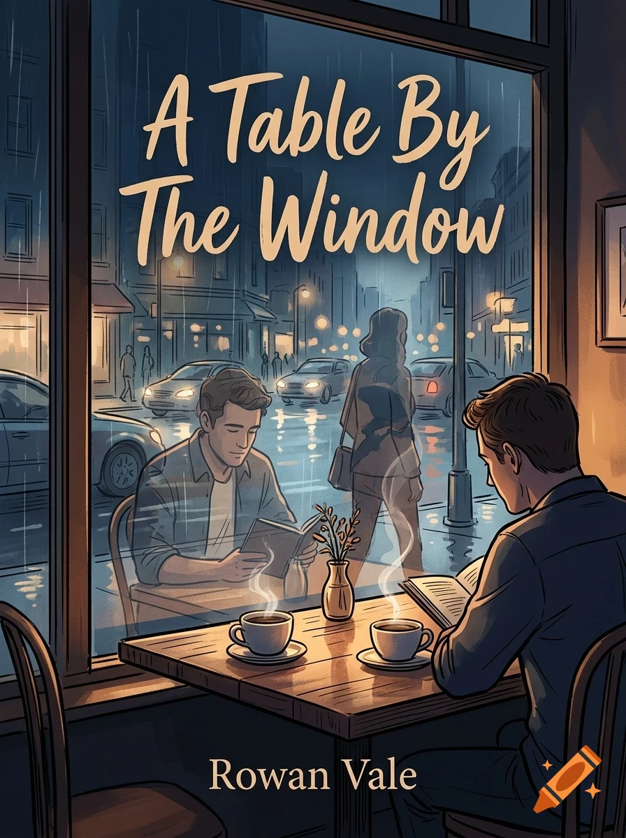 An illustrated book cover titled A Table By The Window by Rowan Vale, showing a man reading at a café table in the rain.