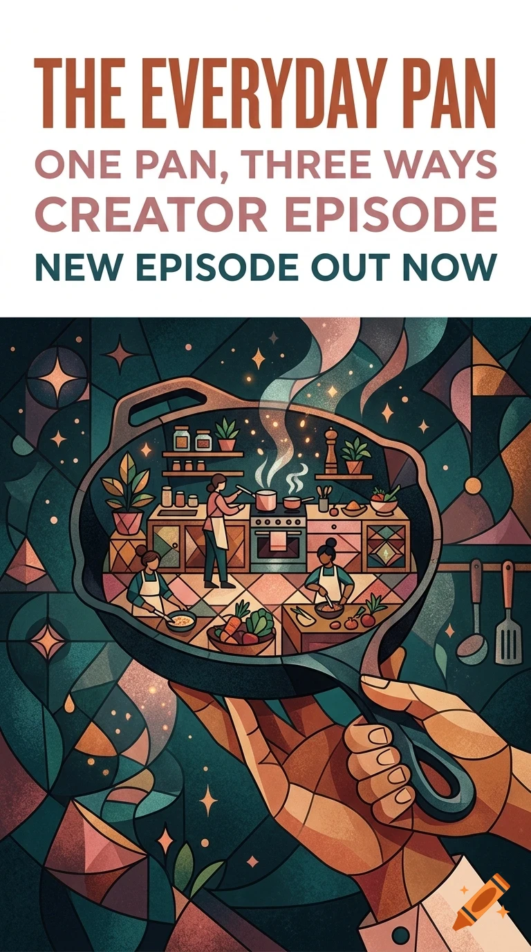 An illustrated poster showing a hand holding a pan, inside of which is a kitchen scene with people cooking and vegetables.