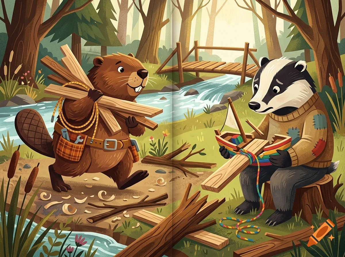 An illustrated beaver carrying wooden planks and a badger wearing a sweater repairing a toy sailboat by a forest stream.
