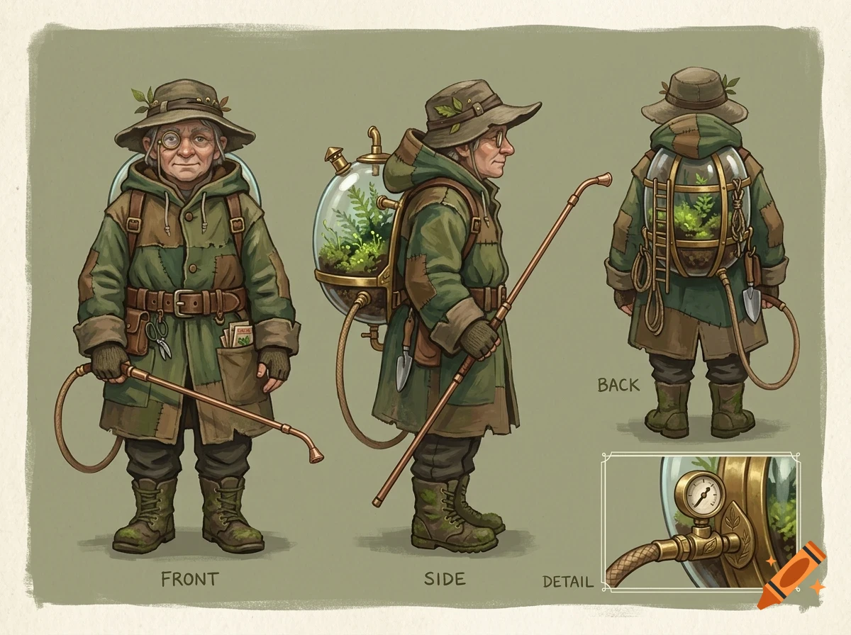 Character design sheet showing a fantasy explorer wearing a green coat, hat, and a glass terrarium backpack with plants inside, shown from front, side, and back views with a pressure gauge detail.