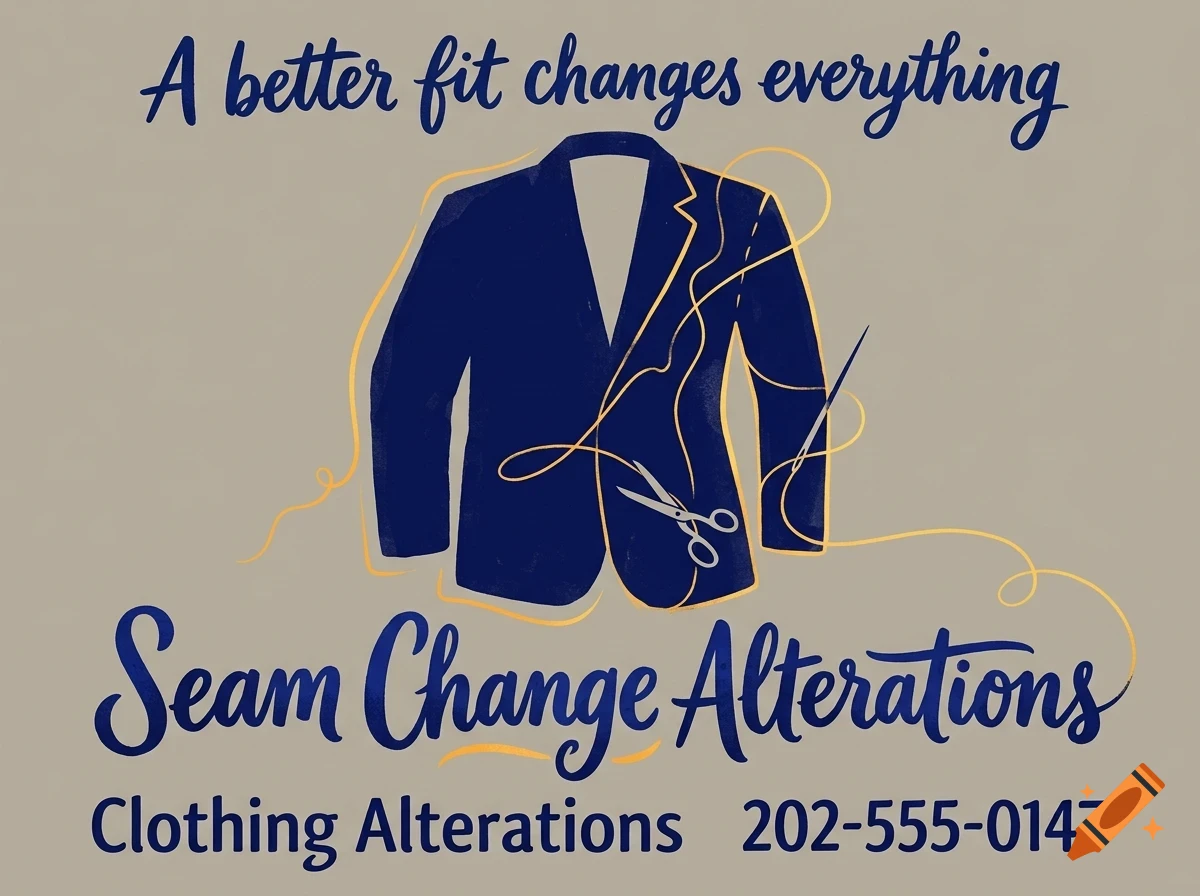 An illustration for Seam Change Alterations featuring a blue suit jacket, scissors, needle, and thread with text.