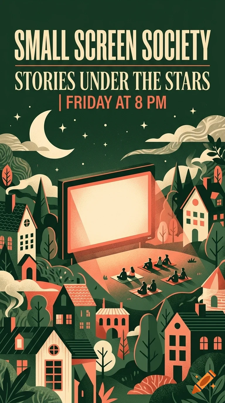 An outdoor movie screening poster titled Small Screen Society with people gathered on blankets beneath a night sky, crescent moon, and houses.