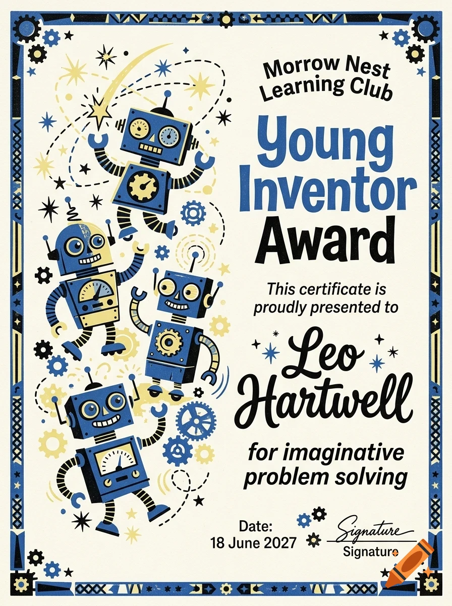 An award certificate featuring illustrations of blue and yellow robots, gears, and stars, with the text Young Inventor Award.