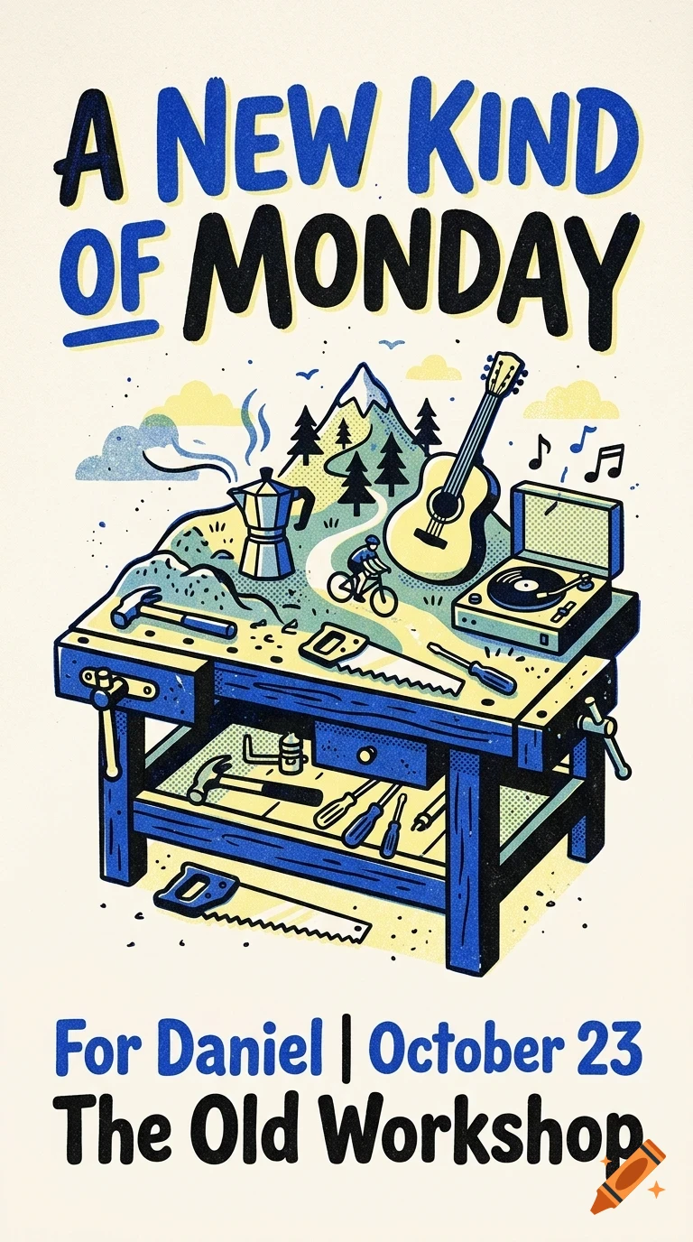 An illustration of a workbench with tools, a guitar, a record player, and a miniature landscape with mountains and a cyclist.