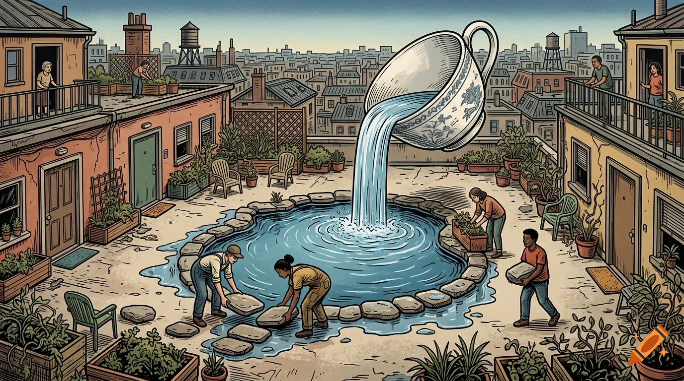 An illustrated rooftop courtyard where a giant teacup pours water into a stone-lined pool, surrounded by people working and buildings.