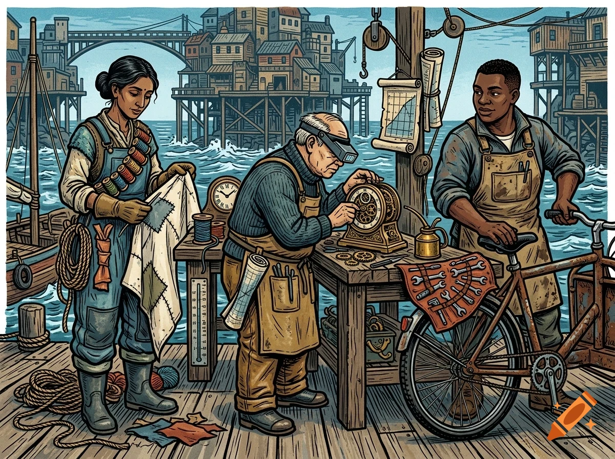 An illustration of three diverse workers on a wooden pier repairing items like a clock, a piece of cloth, and a bicycle.