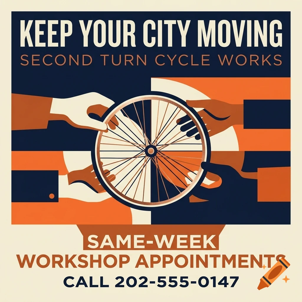 An illustrated poster featuring a bicycle wheel held by multiple hands and the text KEEP YOUR CITY MOVING and SECOND TURN CYCLE WORKS.