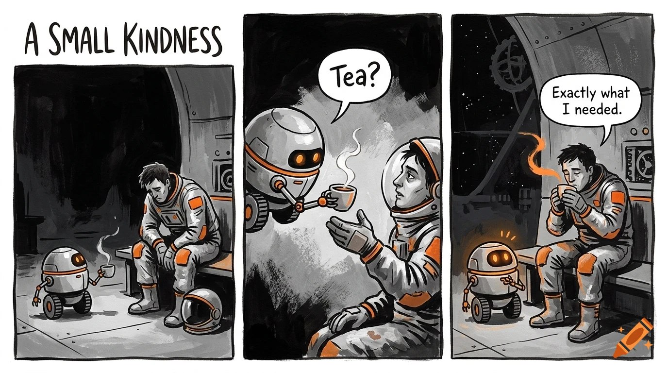 A three-panel comic titled A Small Kindness showing a sad astronaut receiving a cup of tea from a small robot in a spacecraft.