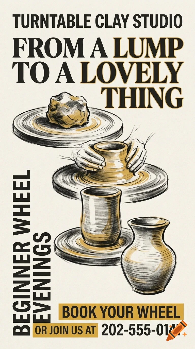 A poster for a pottery studio showing steps of making a clay pot on a wheel, with text including Turntable Clay Studio.