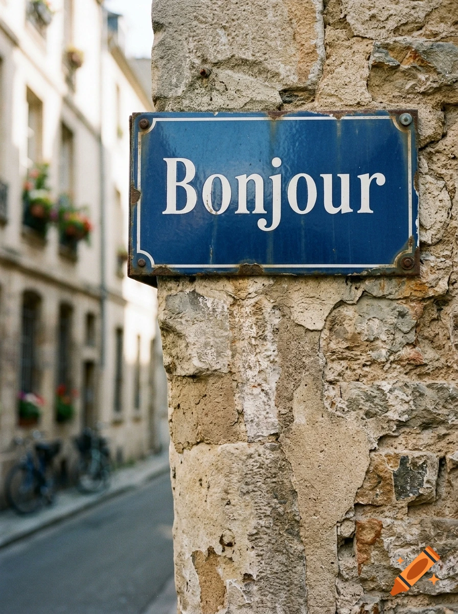 Close-up of a blue street sign reading 'Bonjour' mounted on an old stone wall in a narrow European street.