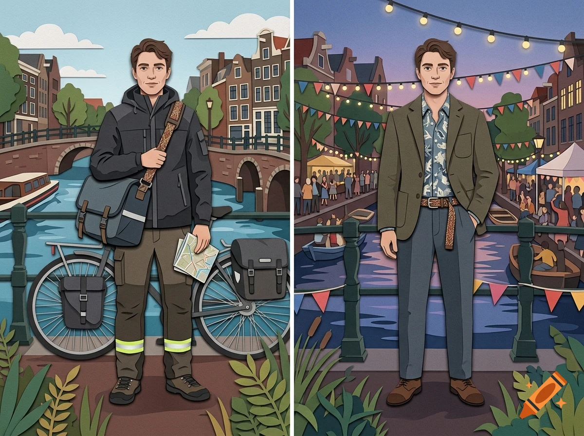 An illustration showing two split-screen views of a man standing by a canal with historic buildings.