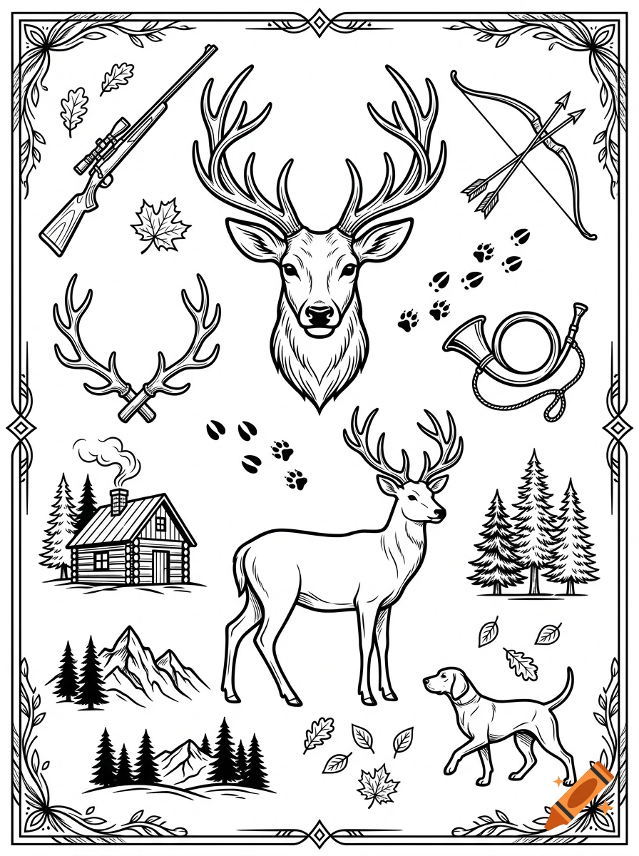 Black and white laser engraving design sheet featuring a deer head, full-body deer, hunting rifle, bow and arrow, cabin, and pine trees.