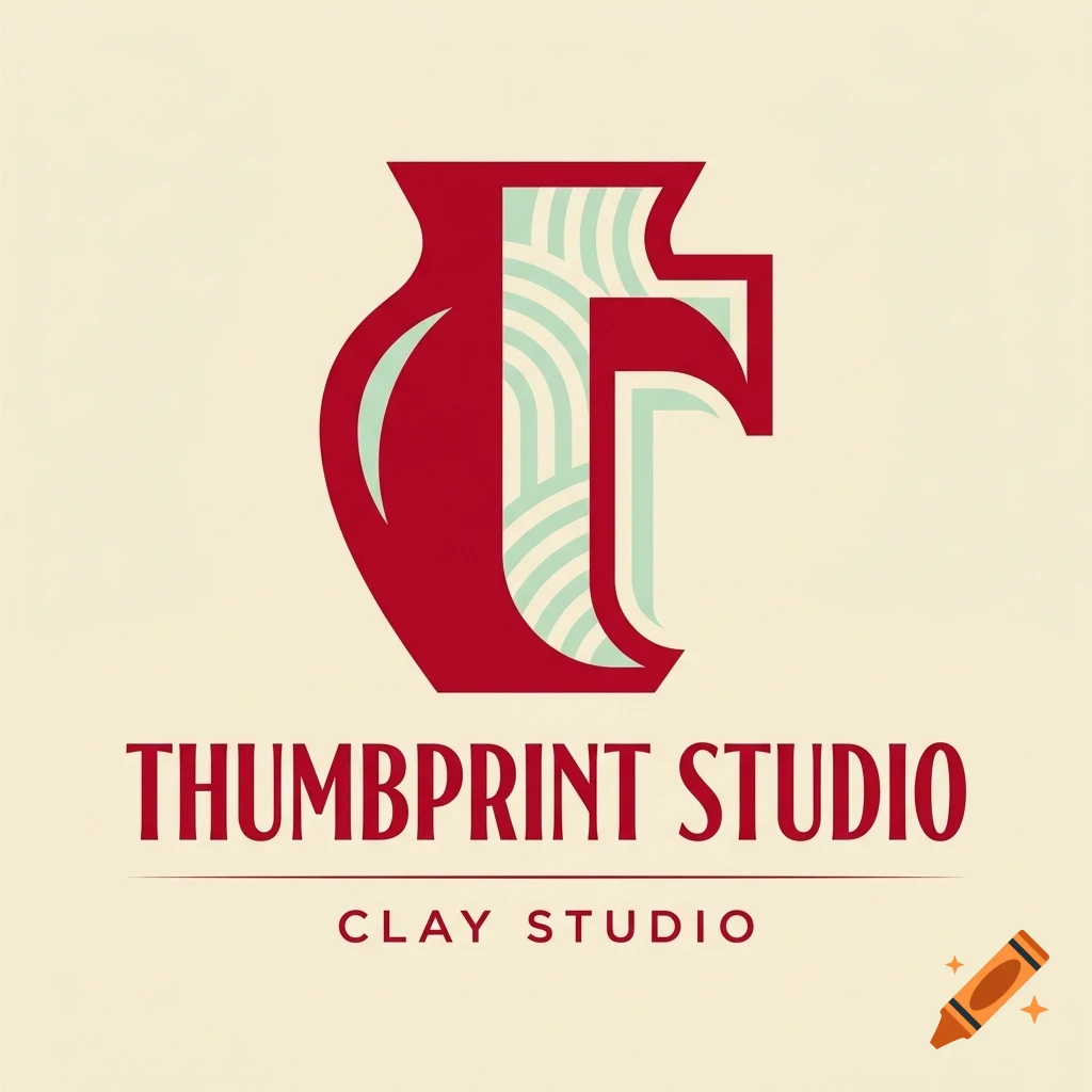 A stylized red and green vase graphic above the red text THUMBPRINT STUDIO and CLAY STUDIO on a light background.