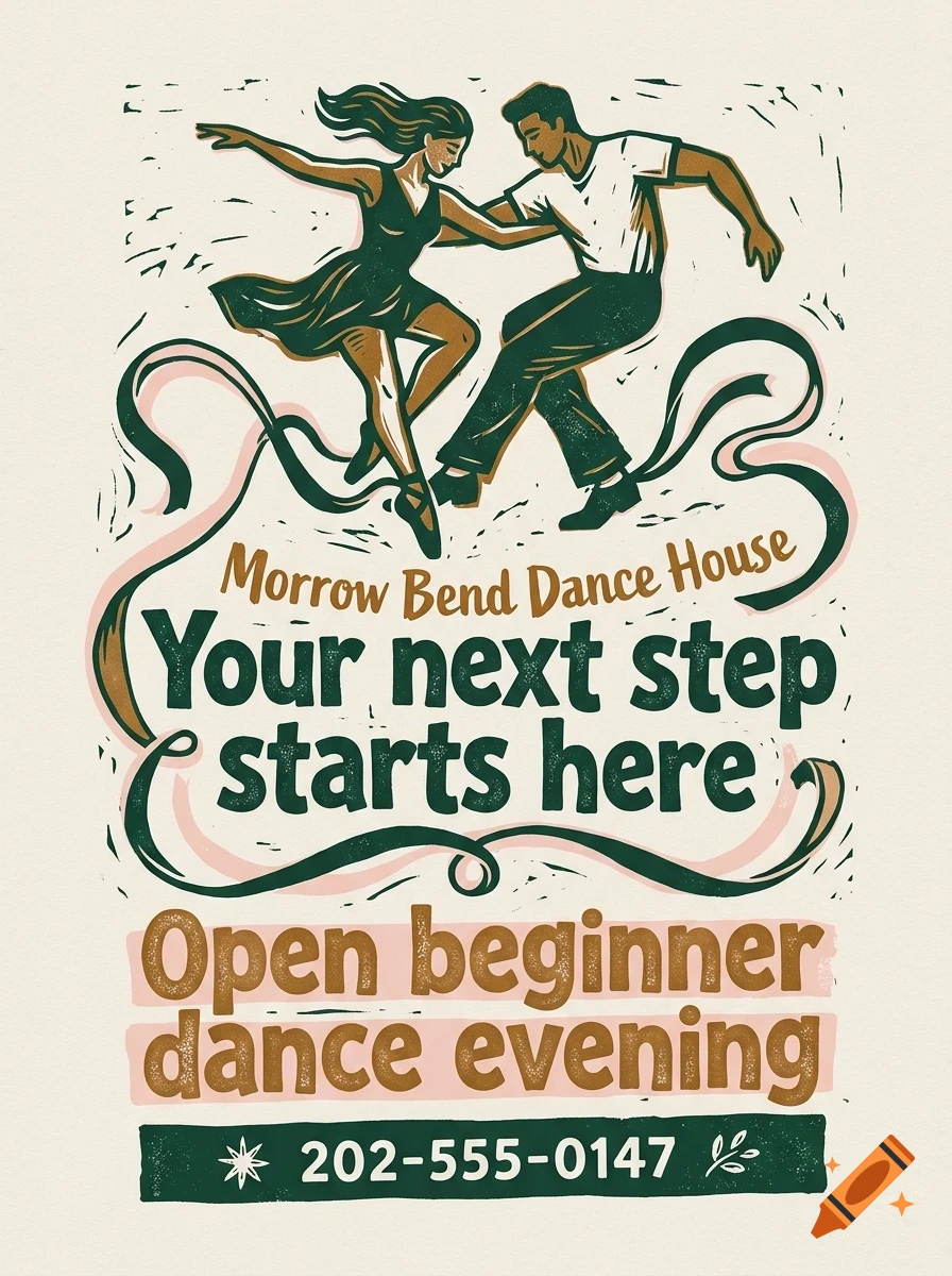 An illustrated poster for Morrow Bend Dance House featuring a couple dancing and text reading Your next step starts here.