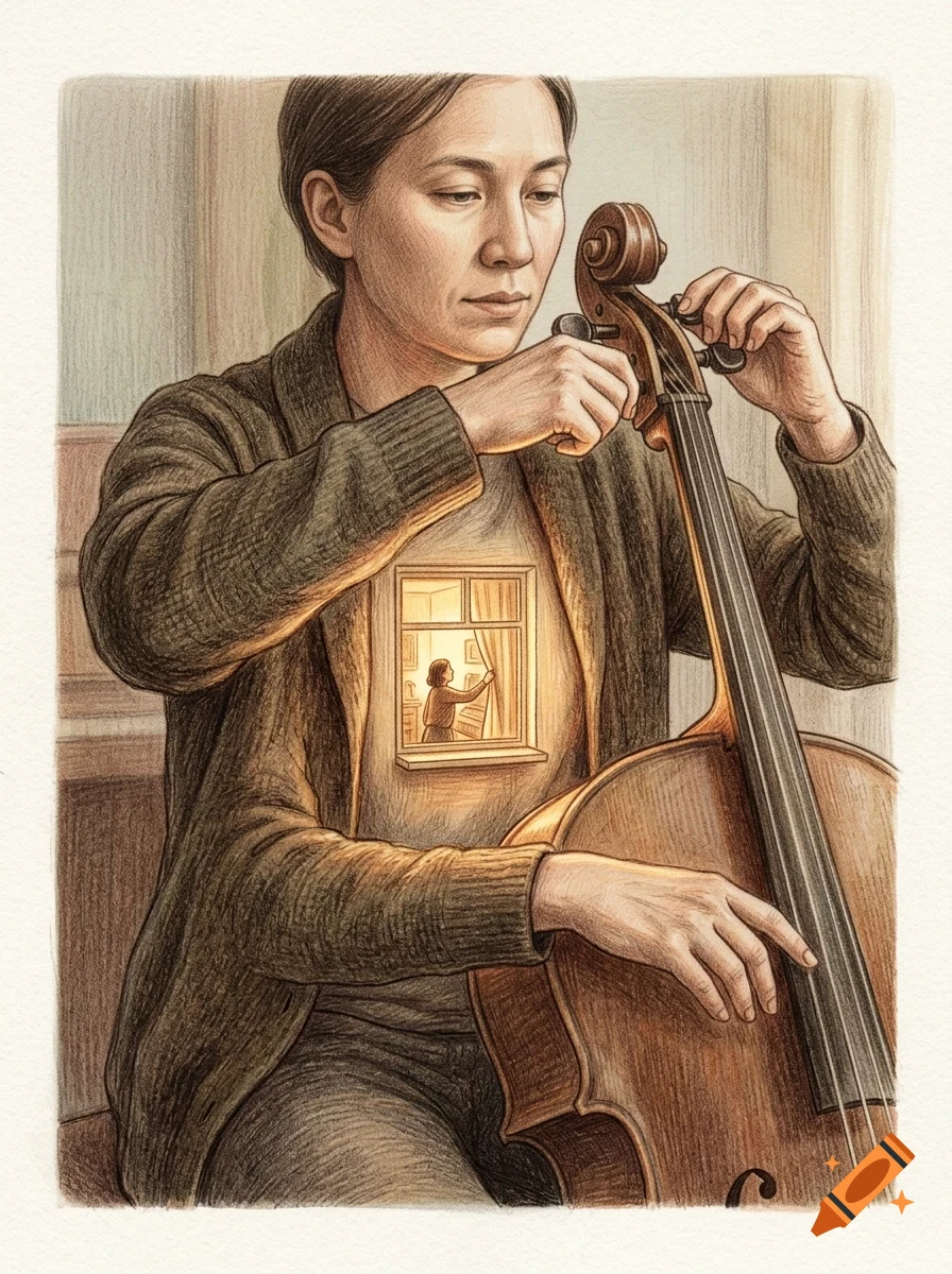 An illustrated portrait of a person tuning a cello, with a glowing window on their chest depicting an interior room.