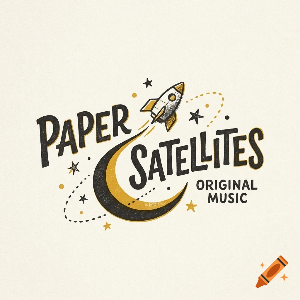 An illustration with the text Paper Satellites Original Music featuring a rocket and stars.