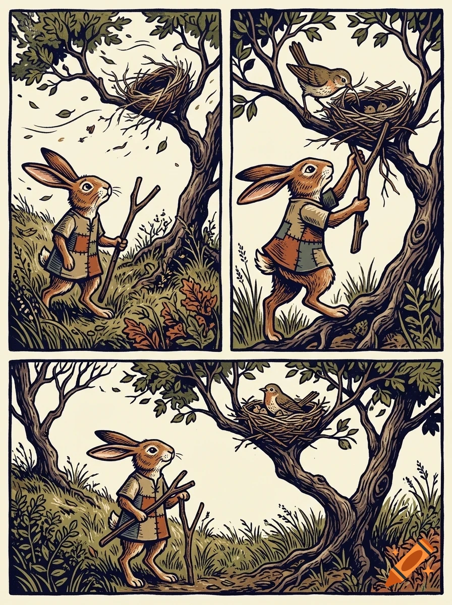 A comic strip showing a rabbit walking through the woods with a stick and interacting with birds in a nest.