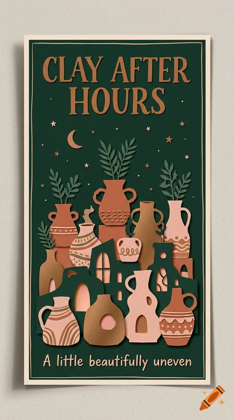 A poster featuring layered ceramic pottery vessels and plants against a dark green background with the text CLAY AFTER HOURS and A little beautifully uneven.