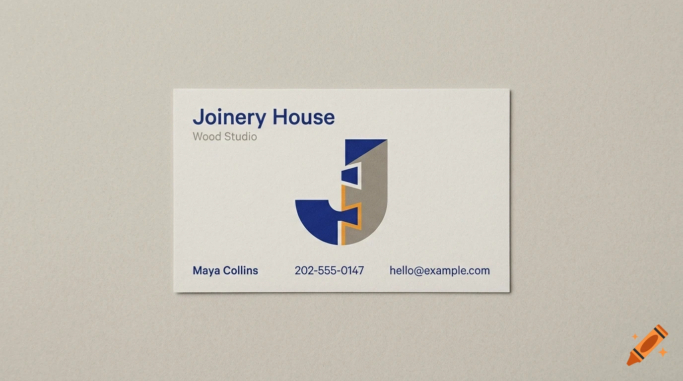A business card with the text Joinery House, Wood Studio, and contact details featuring a stylized J logo.