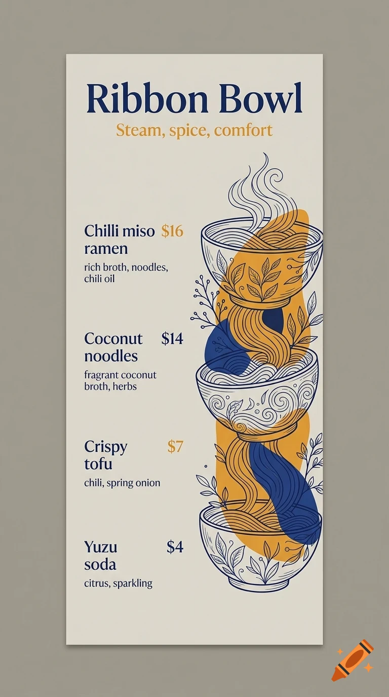 A restaurant menu for Ribbon Bowl featuring stacked noodle bowls, text, and prices.