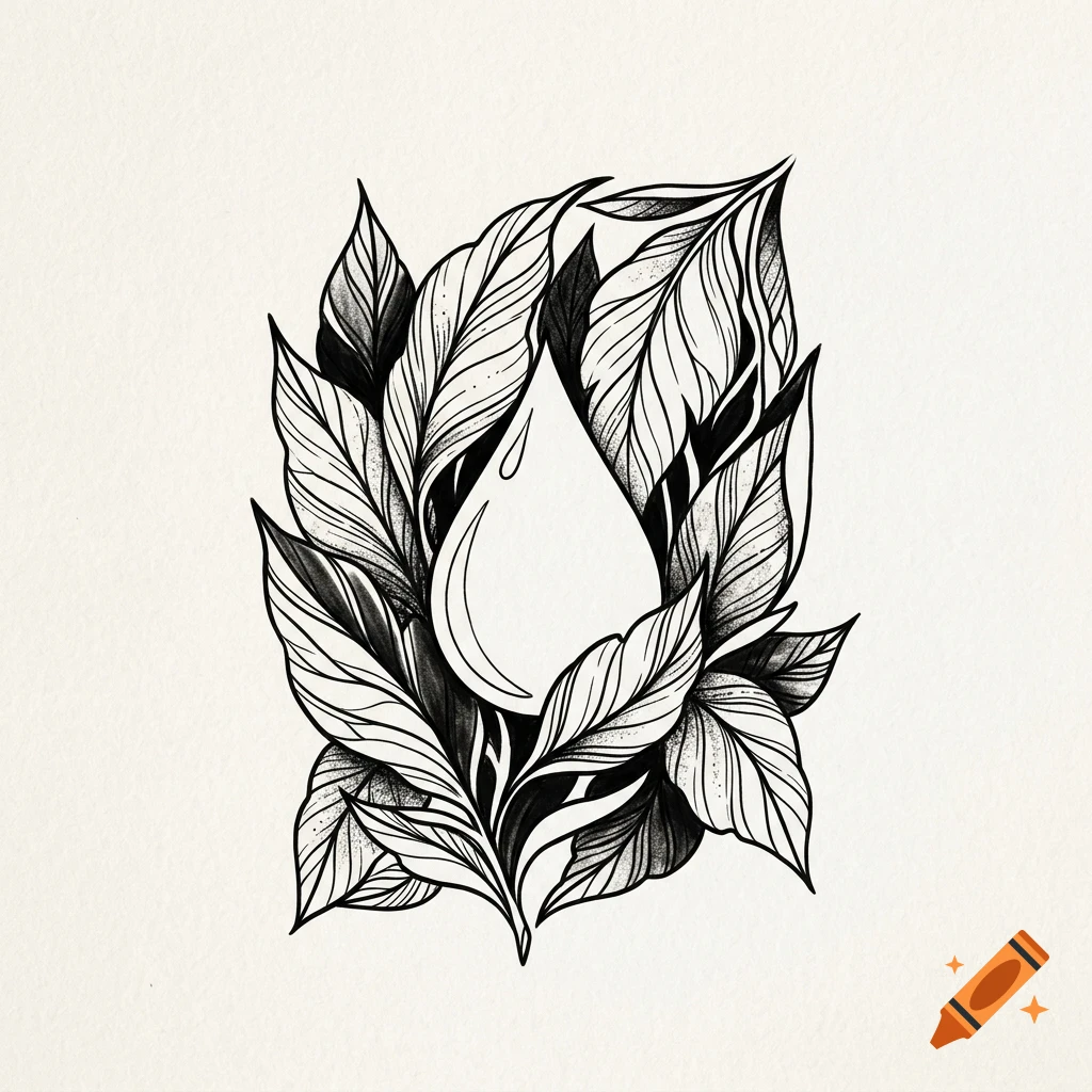 Black and white ink drawing of a water drop surrounded by detailed leaves.