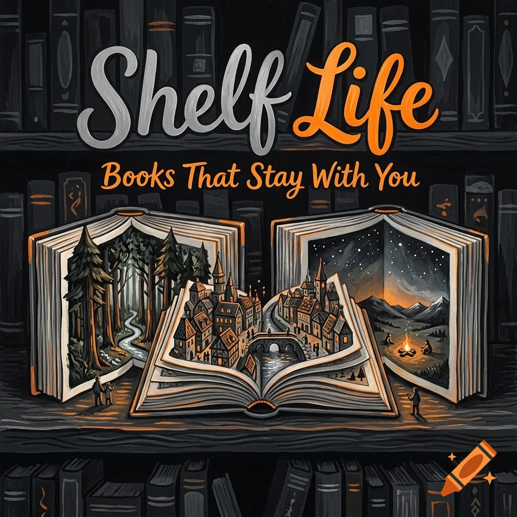 An illustration of open books on a shelf containing a forest, a medieval city, and a campsite, with the text Shelf Life Books That Stay With You.