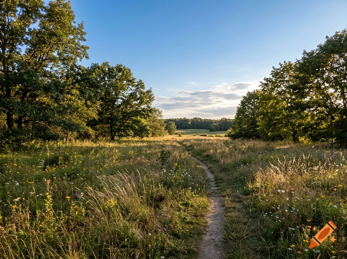 Photorealistic image of a dirt path winding through a grassy field with wildflowers, bordered by lush green trees under a blue sky.