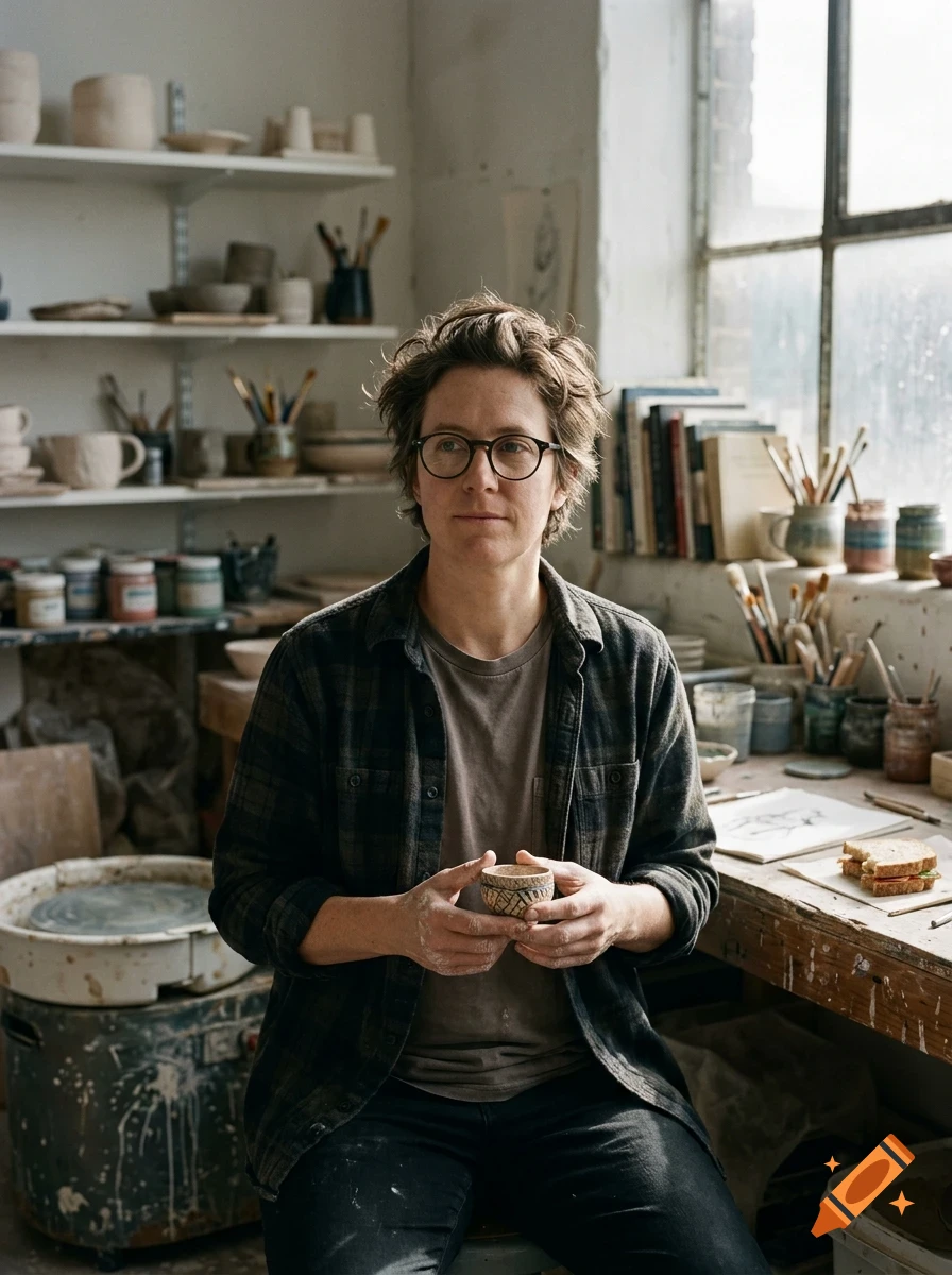 A person with glasses holding a small ceramic bowl in a pottery studio.