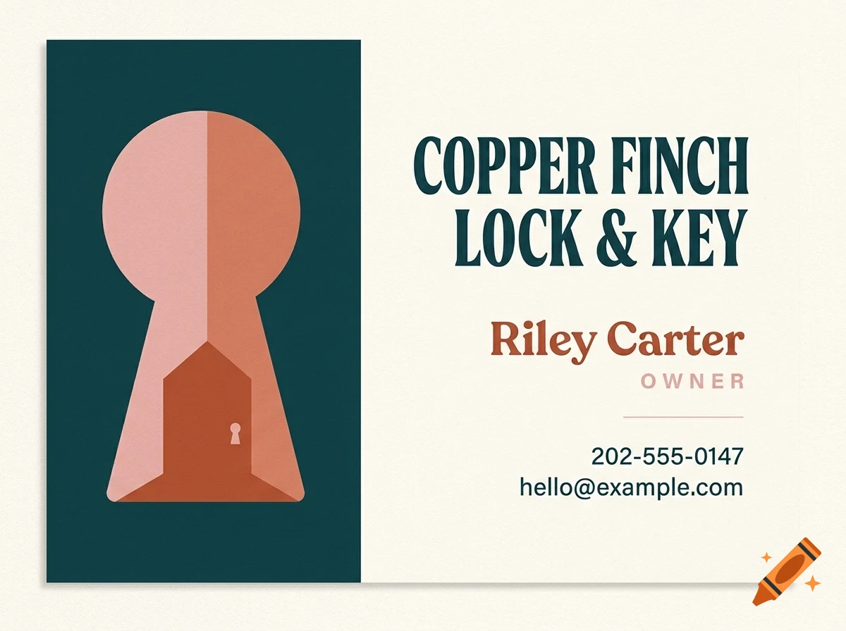 A business card design for Copper Finch Lock & Key featuring a keyhole graphic on a dark teal background and text on a cream background.