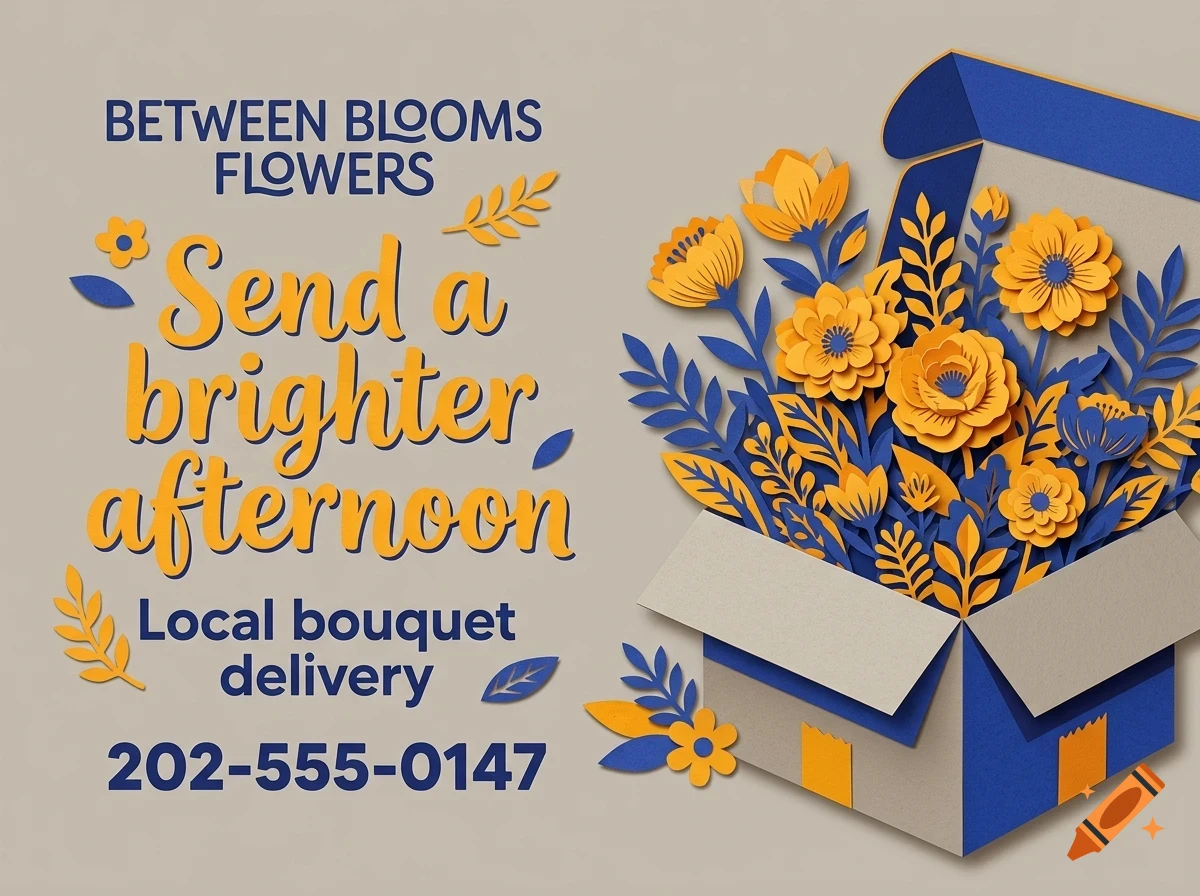 An advertisement for Between Blooms Flowers featuring paper-cut style yellow and blue flowers emerging from a box.