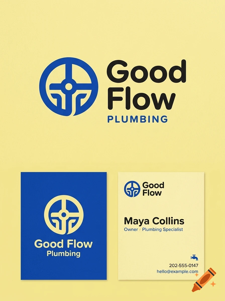 Branding mockup featuring a blue and black Good Flow Plumbing logo with a circular symbol and a business card.