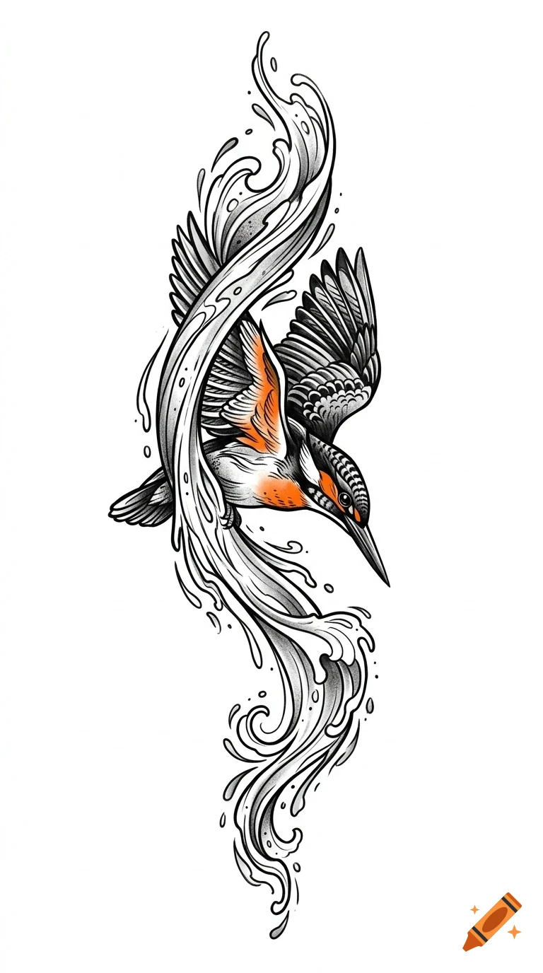 An ink and pencil illustration of a kingfisher diving through stylized swirling water.