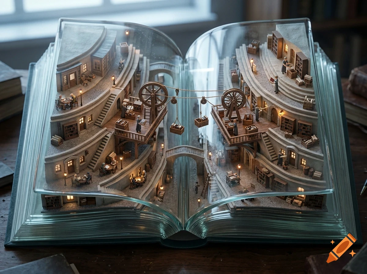 An open book with miniature buildings, stairs, and tiny figures inside its pages, resembling a multi-level library and town.