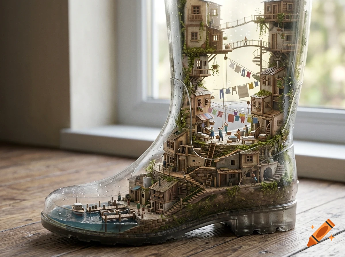 A miniature village built inside a transparent rain boot sitting on a wooden floor.