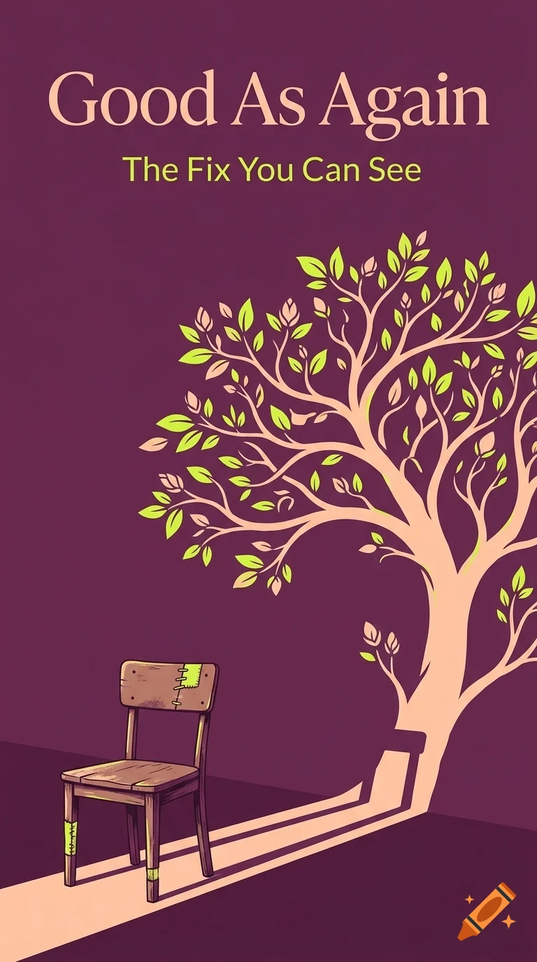 An illustration of a wooden chair next to a tree with light casting a shadow that forms the shape of a chair, with text above reading Good As Again The Fix You Can See