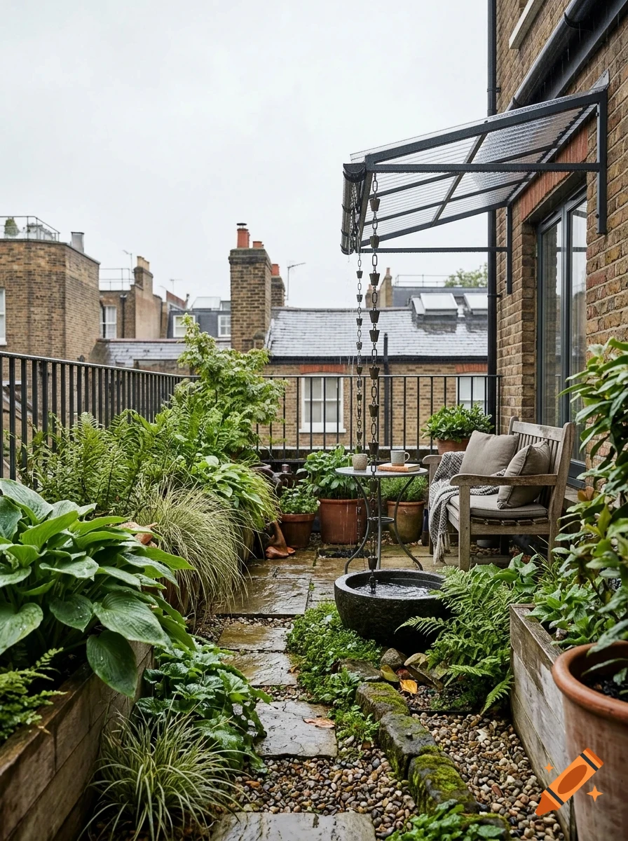 A lush urban balcony garden on a rainy day, featuring potted plants, a small wooden bench, a table, and a rain chain under a glass canopy, overlooking brick rooftops.