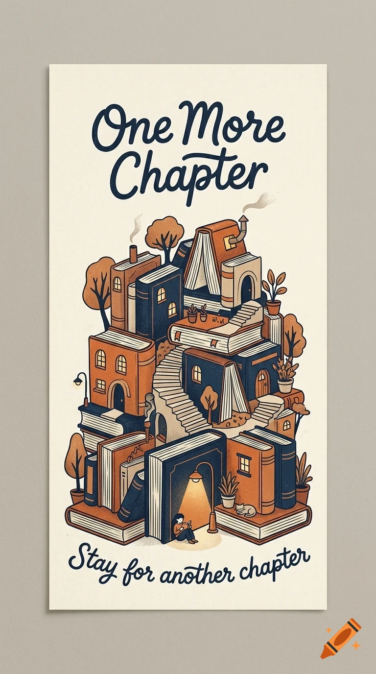 An illustrated book poster featuring books arranged like a tiny town with stairs and a small figure reading under a lamp, with the text 'One More Chapter' and 'Stay for another chapter'.