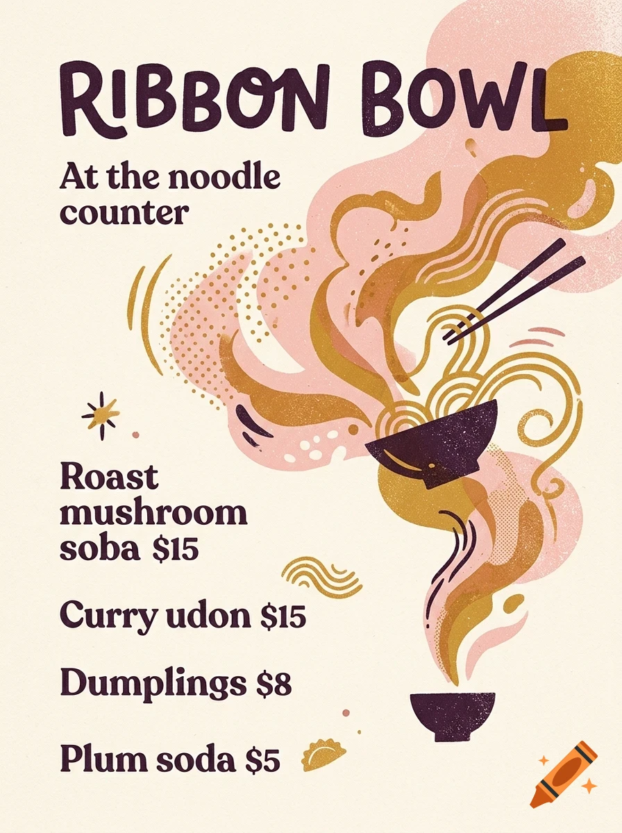 An illustrated menu poster for Ribbon Bowl featuring noodle dishes, chopsticks, and prices in a retro graphic style.