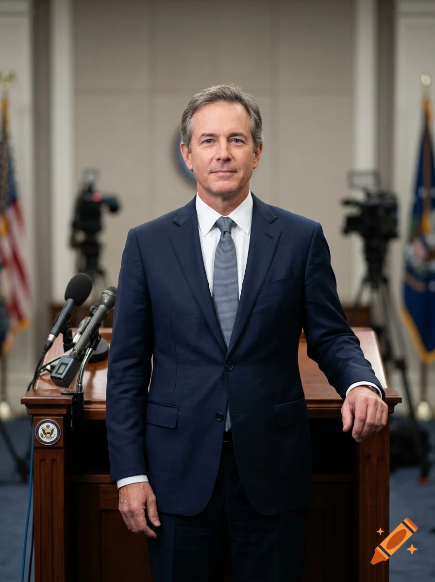 Photorealistic portrait of a middle-aged male politician in a dark suit standing at a wooden podium with microphones.