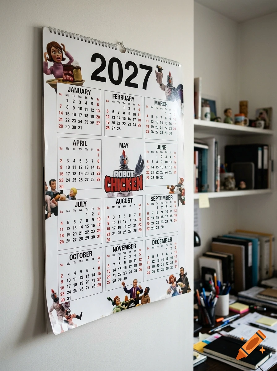 A 2027 calendar featuring characters from Robot Chicken hanging on a white wall in an office.